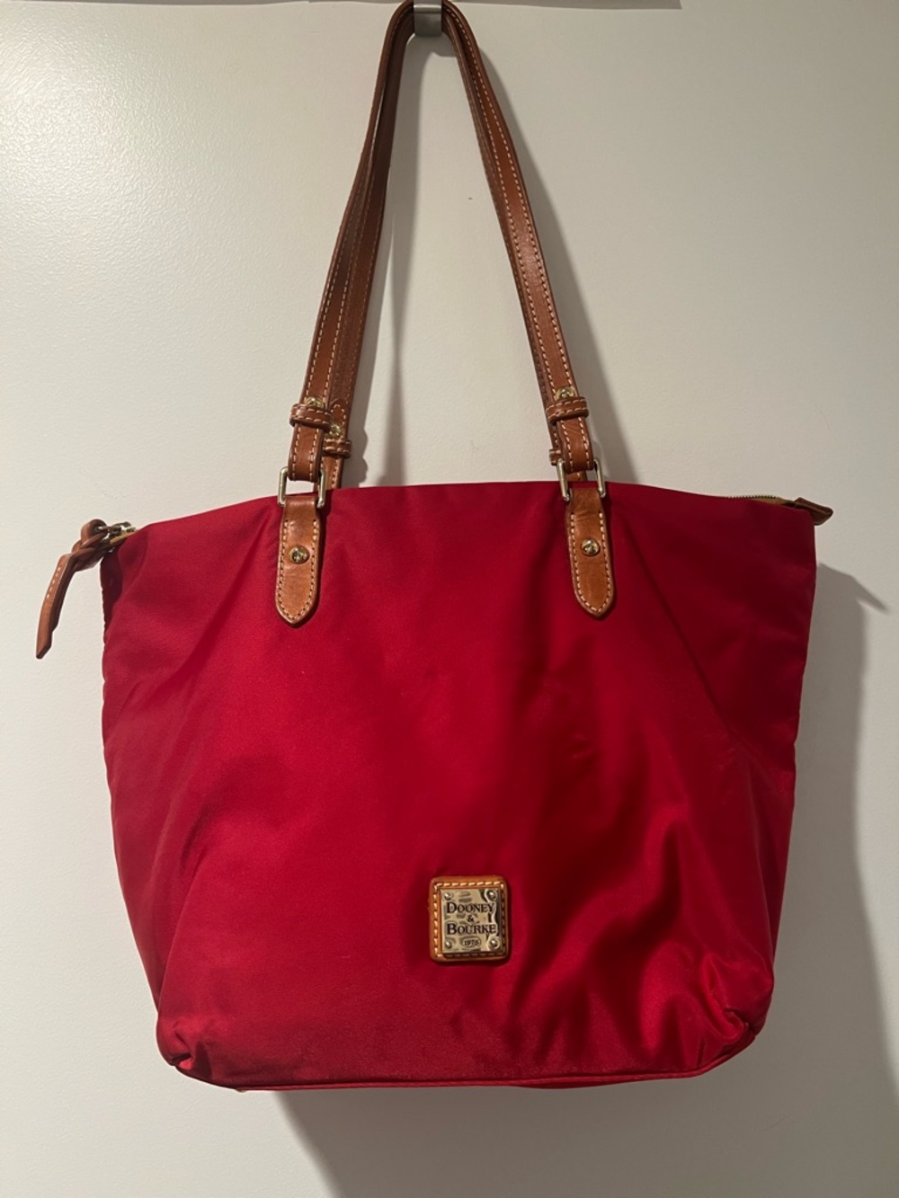 Dooney & Bourke Red Tote Bag with Tan Leather Straps